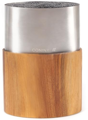 Coninx Stainless Steel Oval Knife Block with Acacia Insert – Modern Universal Knife Holder for Kitchen Counter – Space-Saving 12 Slot Knife Organizer – Non-Slip, Easy-Clean, Empty Knife Stand
