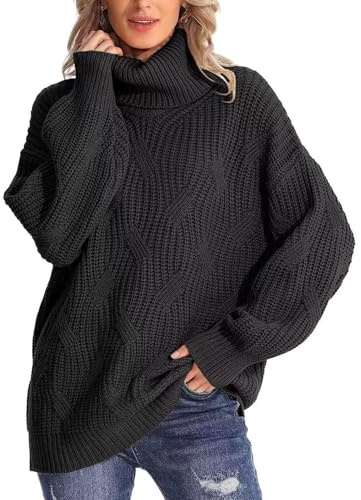 Rayson Pulls Femmes Automne Hiver Col Roulé Pullover Tricoté Manches Longues Chaud Casual Pull Large en Maille Côtelé Elégant（Noir,L
