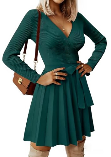 PASUDA Jumper Dress for Women Winter Elegant Long Sleeve V Neck Knitted Sweater Party Dresses Ladies Casual High Waist Pleated Tunic Dress(Dark Green,XL)