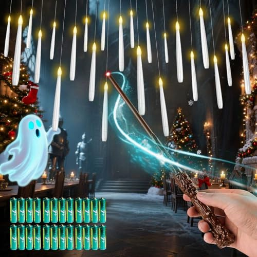 MOZC Bougie Flottante avec Baguette magique, 24pcs Cierges Magiques avec 25 AAA Batteries, LED Bougies avec fonction de minuterie 6H, Clignotant bougie fête d'anniversaire Cadeau Noël Décoration
