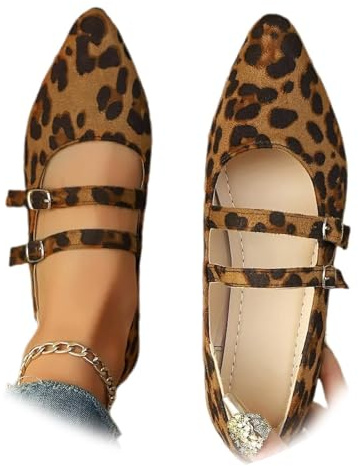 Bailarinas Mary Jane de Leopardo para Mujer, Cómodas Zapatos de Ante con Puntera Puntiaguda y Hebilla Ajustable para Trabajo y Vestido, leopardo, 38 EU