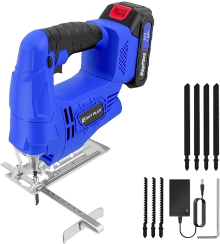 Cordless Jigsaw with 1500mAh Rechageable Battery and 8 Saw Blades, Adjustable Bevel Angle, with LED Light, Portable Lightweight Electric Jigsaw for Wood Metal Cutting, Blue-Black
