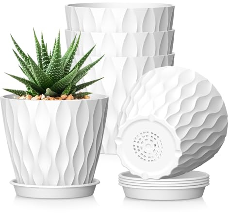 WSMKSZ 15cm Plant Pots Indoor Outdoor, 5 Pack Decorative Flower Pots, White | Plastic Planters Pots with Saucers & Drainage Holes, 3D Wave Texture, for Peace Lilys, Mint & House Plants