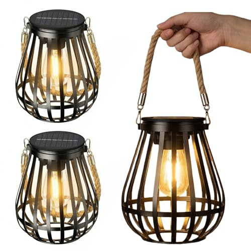 Lanterne solari da esterno a sospensione, 2 pezzi di lanterne solari in metallo per esterni, lanterna solare in metallo a sospensione per esterni, lanterne solari per esterni con grande lampadina LED
