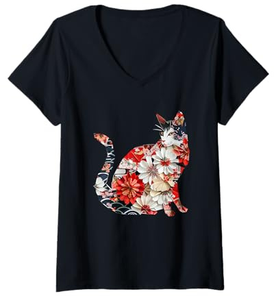 Donna Gatto Origami Gatti Giapponesi in Fiore di ciliegio Giappone Maglietta con Collo a V