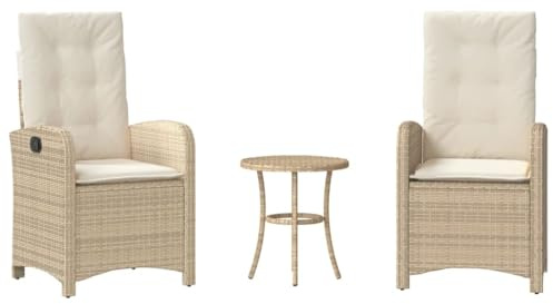 Qnhdfrt 3-TLG. Bistro-Set aus Polyrattan, Gartenmöbel-Set mit 2 verstellbaren Stühlen und rundem Tisch, Balkon-Sitzgruppe mit bequemen Polstern, Beige