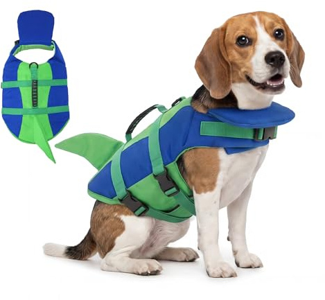 Ranphy Shark Gilet de sauvetage pour chien avec flotteur pour le menton, gilet de natation haute flottabilité avec poignée de sauvetage et anneau de laisse pour piscine, bateau, plage, chiens de