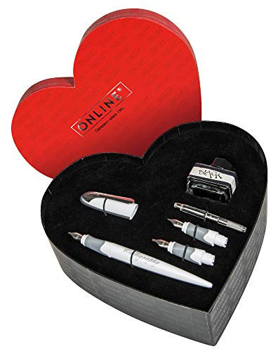 ONLINE 10034 Kalligrafie Set in Herzbox I Schönschreibfüller Air Weiß I Kalligrafie-Federn in 3 Strichstärken 0,8 / 1,4 / 1,8 mm I Konverter I Tintenglas schwarz I Geschenkset für Kalligraphie Fans