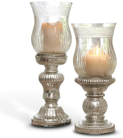 Loberon Kerzenständer Set Luisant, Silber/klar | Vollständig aus Glas gefertigt - Verspiegelter Fuß im Antiksilber-Finish - Reizvoller Schliff - Mundgeblasen - Leuchter