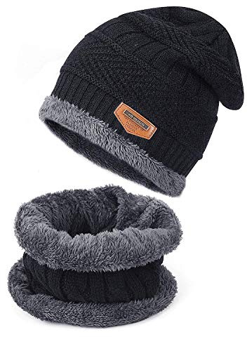 TAGVO Bonnet Chapeau Écharpe d'hiver 2Pcs Ensemble Enfant garçon Fille Doublure Molleton Polaire Doux, Beanie Cap Tricot Laine épais élastique Chauffe-Cou pour en Plein air et Quotidien