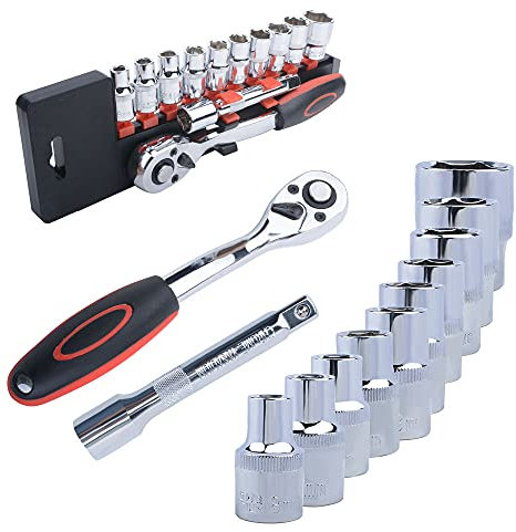 12 Pièces Jeu de Clés à Douille avec Cliquets 1/2 Inserts Hexagonaux de 8mm - 24mm et Rallonge Cliquet Réversible de 125.5 mm en Cr-V avec Déclencheur à Bouton Poussoir