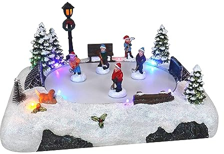 Christmas Village Tabletop Hockey Skating Rink - Animated Musical Pre-lit Winter Snow Village - Perfect Addition to Your Christmas Indoor Home Decorations - Great Centerpiece for Your Collection