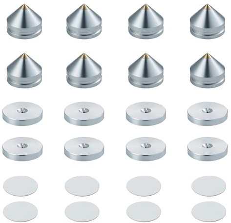 Pailvens Lautsprecher Spikes 8er Set, Lautsprecher Füße aus Alulegierung, Subwoofer Füße mit 16x Klebepads, Lautsprecherständer Boxenständer für HiFi-Lautsprecher, CD DVD Player, Silber