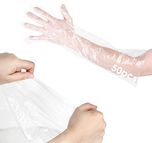 Zariocy 85cm Disposable Plastic Film Gloves, 50Pcs Polyethylene Veterinary Gloves Latex-Free White Transparent Long Arm Glove, for Animal Cleaning Work Sterile Gloves Safely and Comfortable