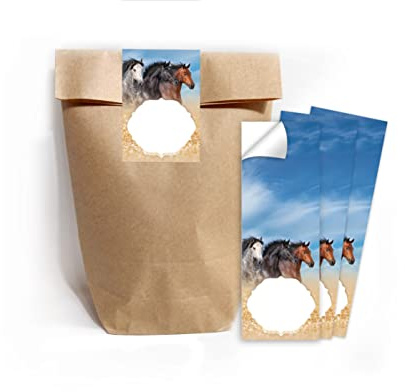 Junapack 12 Geschenktüten (Natur) + 12 Aufkleber DREI Pferde für Mitgebsel Gastgeschenk beim Kindergeburtstag Mädchen