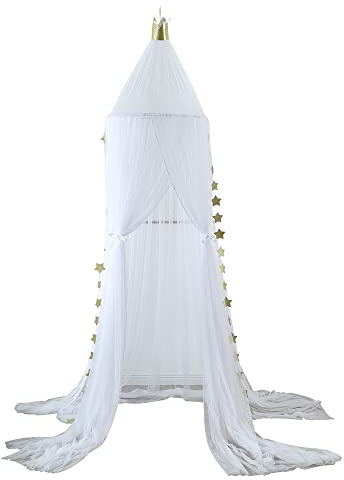 Surwin Betthimmel Madchen Jungen Babybett Doppelbett, Stern Moskitonetz Baldachin Kinderzimmer Einzelbett Himmel Schlafzimmer Dekoration Spielzelte Kinder Geschenk, Ohne Bohren (Weiss)
