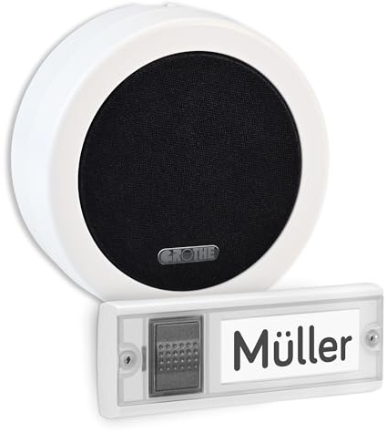Grothe Funkklingel Türklingel Funkgong Türglocke Set mit Haustürklingel Wandmontage 500m Reichweite 13 Melodien Weiß CALIMA 100 (Hybridfunktion: Steuerung per Funksender oder Kabel)