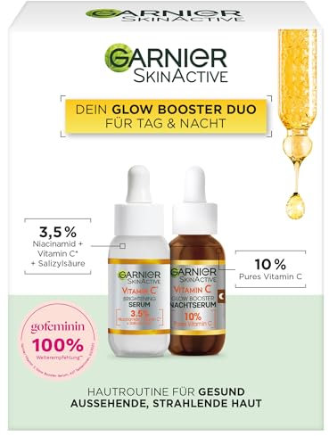 Garnier Vitamin C Glow Booster Serum Duo für Tag & Nacht, Mit Anti-Dark Spot Serum und Brightening Night Serum gegen dunkle Flecken und müde Haut, Vegane Formel, SkinActive, 2 x 30 ml