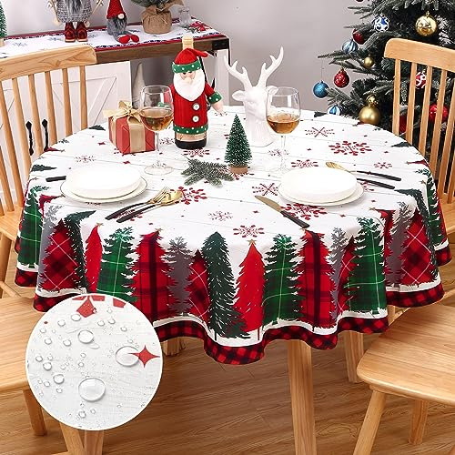 CAROMIO Runde Weihnachtstischdecke aus Stoff, abwischbar, mit kariertem Kiefernmuster, wasserabweisend, Tischdecke für Küche, Party, Outdoor, drinnen, Holzmaserung, Durchmesser 152,4 cm