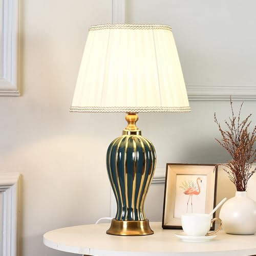 Chao Zan Klassische Tischlampe Lampenschirm mit Stoffschirm keramischer Lampenfuß - D30 x H52 - E27 Lampe - ohne Leuchtmittel (Grün)