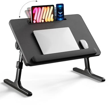 Laptop-Schreibtisch für Bett, EWX Betttisch mit klappbaren Beinen, Tablet-Slot, Aufbewahrungsschublade, Silikon-Handgelenkpolster, faltbarer Schoßtisch zum Essen, Arbeiten, Schreiben und Zeichnen,