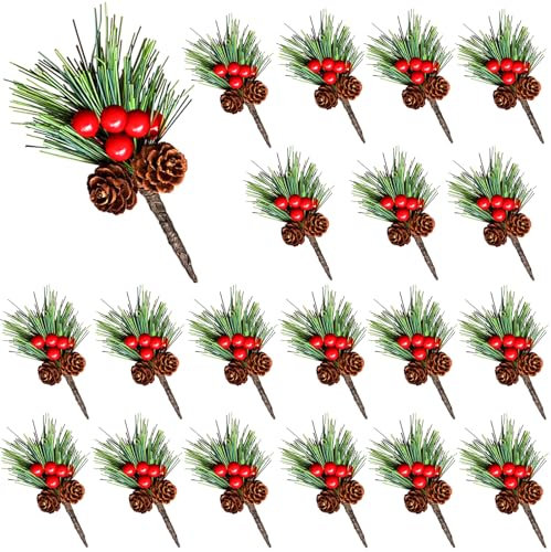 ZFKXGS 20 Stück Weihnachten Künstliche Tannenzweige mit Beeren aus Stechpalmen Tannenzapfen für Weihnachtsdekoration Weihnachtsdeko Rot Adventsdeko Aussen Innen Selber Machen Basteln Advent Tischdeko