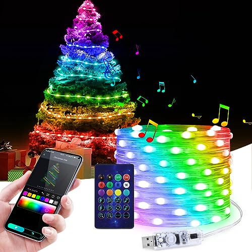 CHNMALITAI 5V USB RGBIC Addressable Outdoor LED String, IP65 Waterproof 20M Multicolor Fairy Lights with Bluetooth App Control, Music Sync for Christmas Tree Decor Lighting