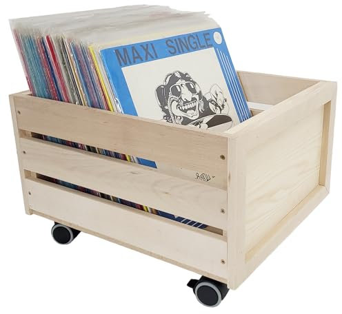weeco Caja de madera con ruedas para discos de vinilo. Caja de madera calada sobre ruedas giratorias para libros, documentos, botellas. Contenedor de almacenamiento de haya - construcción