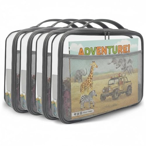holay 4er-Pack Große PVC-Spielzeug-Aufbewahrungstaschen mit Reißverschluss, Namensschild & Anleitungsfach, Transparente Hülle für Bausteine, Knete, Brettspiele, Reise (Grau, Groß)