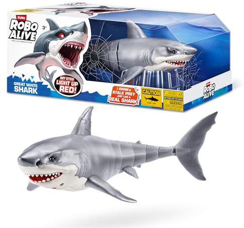ROBO ALIVE Great White Shark Serie 1 von ZURU, batteriebetriebenes Roboter-Haispielzeug mit Leuchteffekt, Sommerpoolspielzeug, Badespielzeug, Hai