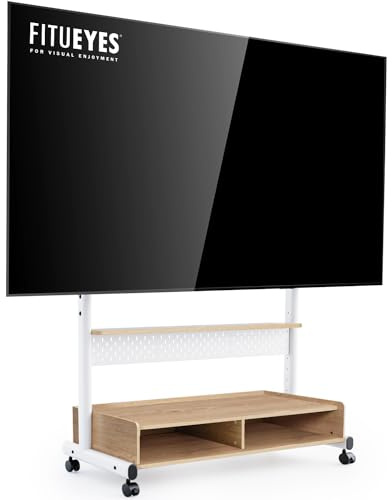 FITUEYES TV Ständer Rollbar mit Zwei Fächern für 70–100 Zoll, bis 80 kg | Fernsehständer mit Rollen, Max VESA 850 × 600 mm, Höhenverstellbar, für Büro Schlafzimmer Wohnzimmer, Natur