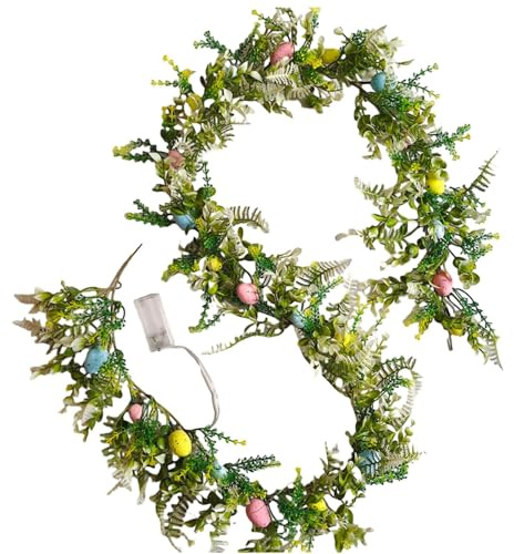 Sharplace Ostergirlande, grüner Frühlings-Sommer-Kranz, Ostergirlande 190cm mit Ostereiern, Ostern Girlande mit Beleuchtung Outdoor, LED Frühlingsblätter mit Lichtern für Tür Wand Kamin Garten Party