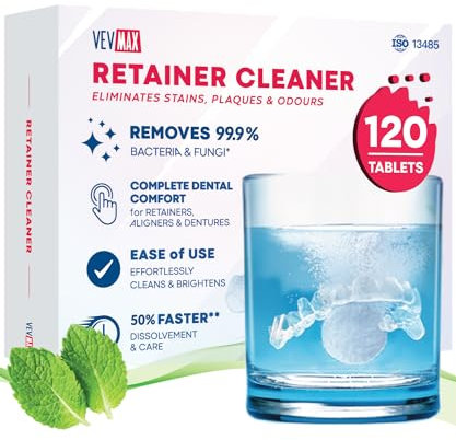 Retainer Pastiglie Detergenti - 120 Compresse (Fornitura di 4 Mesi) per la Pulizia di Retainer, Dentiera, Paradenti, Apparecchi Ortodontici, e Aligner per una Pulizia Profonda e Luminosa