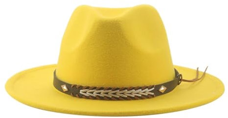 SOYNIA Fedora Trilby Filzhut Hut Cowboyhut Für Damen Und Herren Fedoras Gefilzter Panamahut Western-Vintage-Solid-Fedoras 56–58 cm (Erwachsene) Gelb