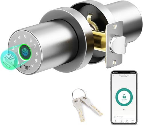 FITNATE Fingerprint Door Knob with Keypad, Smart Door Knob with App Control, Biometric Door Lock Keyless Entry Door Lock for Bedroom, Apartment, Hotel, Office (Silver)