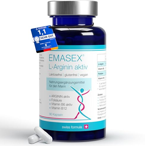 EMASEX L-Arginin bioaktiv 2680mg - Hochdosiert mit B6, B12 & Folsäure - Swiss Formula für Männer - Vegan, Durchblutung & Vitalität - 90 Kapseln
