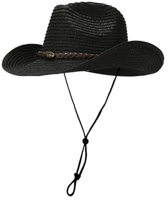 Cowboyhut aus Stroh, Westernhut für Urlaub, gewebter Strand-Sonnenhut mit breiter Krempe, formbarer Cowboyhut für Damen/Herren, Schwarz, Einheitsgröße