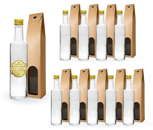 Espirito Rebelde 10x Bouteilles en Verre 500ml avec Bouchon à Vis Doré + 10 Boîtes - Bouteilles Polyvalentes pour Huile d'Olive, Rhum, Whiskey, Gin, Tequila, Liqueurs