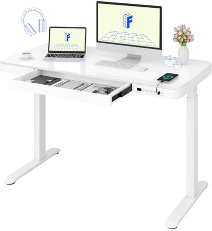 FLEXISPOT Bureau Assis Debout Électrique avec Plateau en Verre,Affichage LED,Fonction Mémoire et Port USB,Table Électrique avec Tiroir pour Bureau à Domicile 120 x 60 cm,Blanc