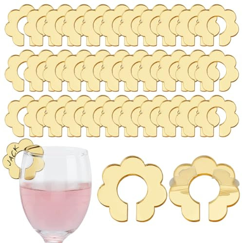 FINGERINSPIRE 36 Pcs Daisy Acrylic Wine Glass Markers 34mm Golden Mirrored Drink Glass Charms Flower Blank Wine Glass Tags Party Drink Decor for Weeding, Baby Shower, Birthday, Halloween, Christmas
