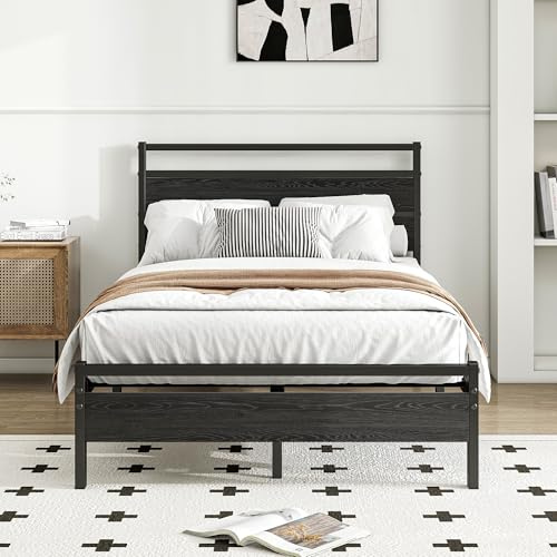 BORPHOM Metallbett 120x200 aus Metall mit Lattenrost,Bettgestell Einzelbetten Jugendbett 120x200 mit Holz Kopfteil,Gästebett,für Schlafzimmer Gästezimmer,Stauraum unter dem Bett,Schwarz