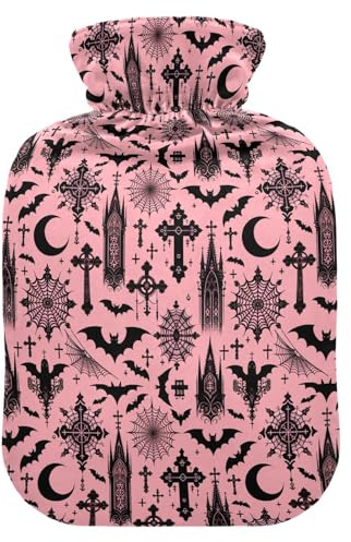 Wärmflasche, 2 l, großer Wärmbeutel mit weichem Plüschbezug, schwarz, Gothic, Mond, Spinnennetze und Fledermäuse, auslaufsicherer Schraubverschluss, ideal für Wintersport, Outdoor, Rücken, Nacken und