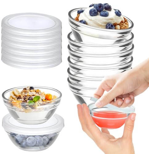 6 Pack Mini 3 Inch Small Glass Bowls with 6 Pack Lids, 2.5 oz Clear Glass Pinch Bowls, Condiment Containers, for Dips, Nuts, Candy, Snacks, Meal Prep Bowls