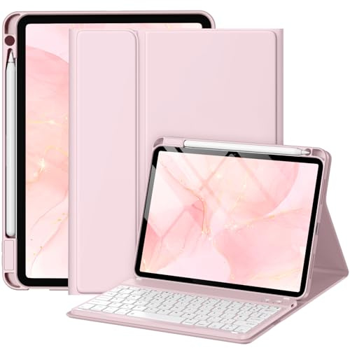 drivego Case with Keyboard for iPad Air 11 Inch (M4 2026/M3 2025/M2 2024) | Detachable Keyboard Cover for iPad Air 4th/5th Generation 10.9, Secure Keycaps, Pencil Holder, UK Layout, Pink