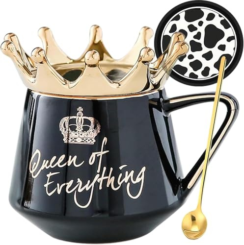 Arawat Queen of Everything Mug with Lid Coffee Mug with Spoon & Coaster Cute Black Mugs Gift with Crown 350ML Ceramic Tea Cup Birthday Gift for Women Girls Girlfriend