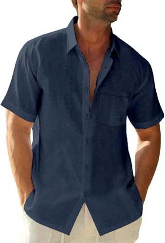 Glacspyg Camisa de Lino Camisa de Manga Corta para Hombre Camisa Casual de Trabajo Camisa Entallada Casual de Negocios Vacaciones de Verano Playa con Bolsa Azul Marino XL