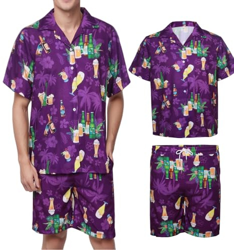 Chemise Hawaïenne Homme Bière Chemises à Manches Courtes Shorts Casual Ete Fleur Imprimé Hawaïenne Tropicales Plage Piscine Vacances (FR/ES, Alpha/Lettres, M, Taille Normale, Taille Normale, Violet)