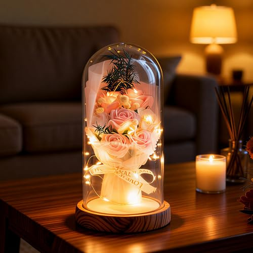 Artificial Roses in Glass Dome with LED Lights, Gift for Mum& Women | Handcrafted rose in a glass dome with warm LED light. An elegant birthday gift for Mum & women, perfect for home decor.