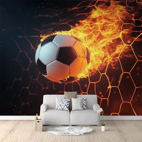 Papel Pintado Mural 200 X 140 Cm Deportes Fútbol ​​Llama Negro Naranja Fotomural 3D En Papel Pintado No Tejido – Decoración De Pared Moderna Para Salón, Dormitorio, Estudio O Habitación Infantil