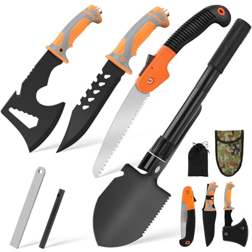 Set di Sopravvivenza 5 in 1 per Esterni, Set di Asce da Campeggio con Sega Pieghevole, Pala Pieghevole, Ascia Sopravvivenza, Coltello Pieghevole e Selci, per Avventure All'aria Aperta e Campeggio